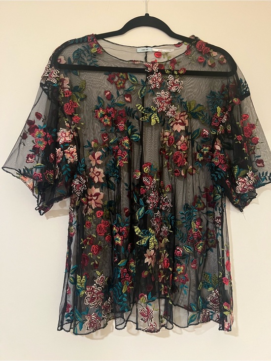 Kimchi Blue Tops - Kimchi Blue Black Sheer Mesh Top with Multicolor Floral Embroidery